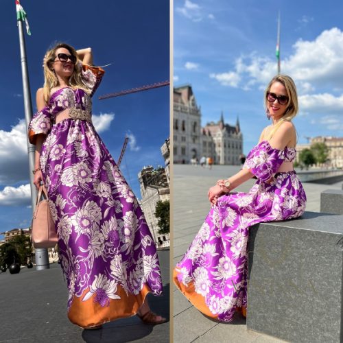 Lila mintás vállra húzható elegáns maxiruha